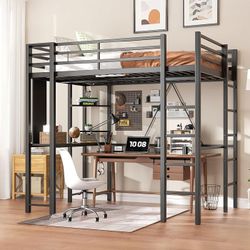 Loft Bed Full Size with Desk and Storage Shelves, Frame with 2 Side Ladders for Kids, Teens Adults, Spcace-Saving Noise-Free and Anti-tilt Design, Bla