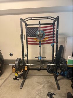 Power Rack w/ Cable System, Olympic Barbell & Bumper Plates
