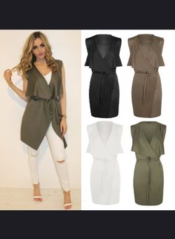 Women sleeveless cape belted waterfall casual solid dress 😍❤️
