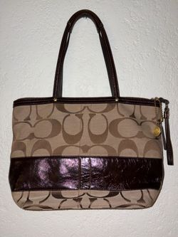 Authentic Coach Signature Tote Bag Khaki Brown Canvas Patent Leather Shoulder Purse F0(contact info removed)9