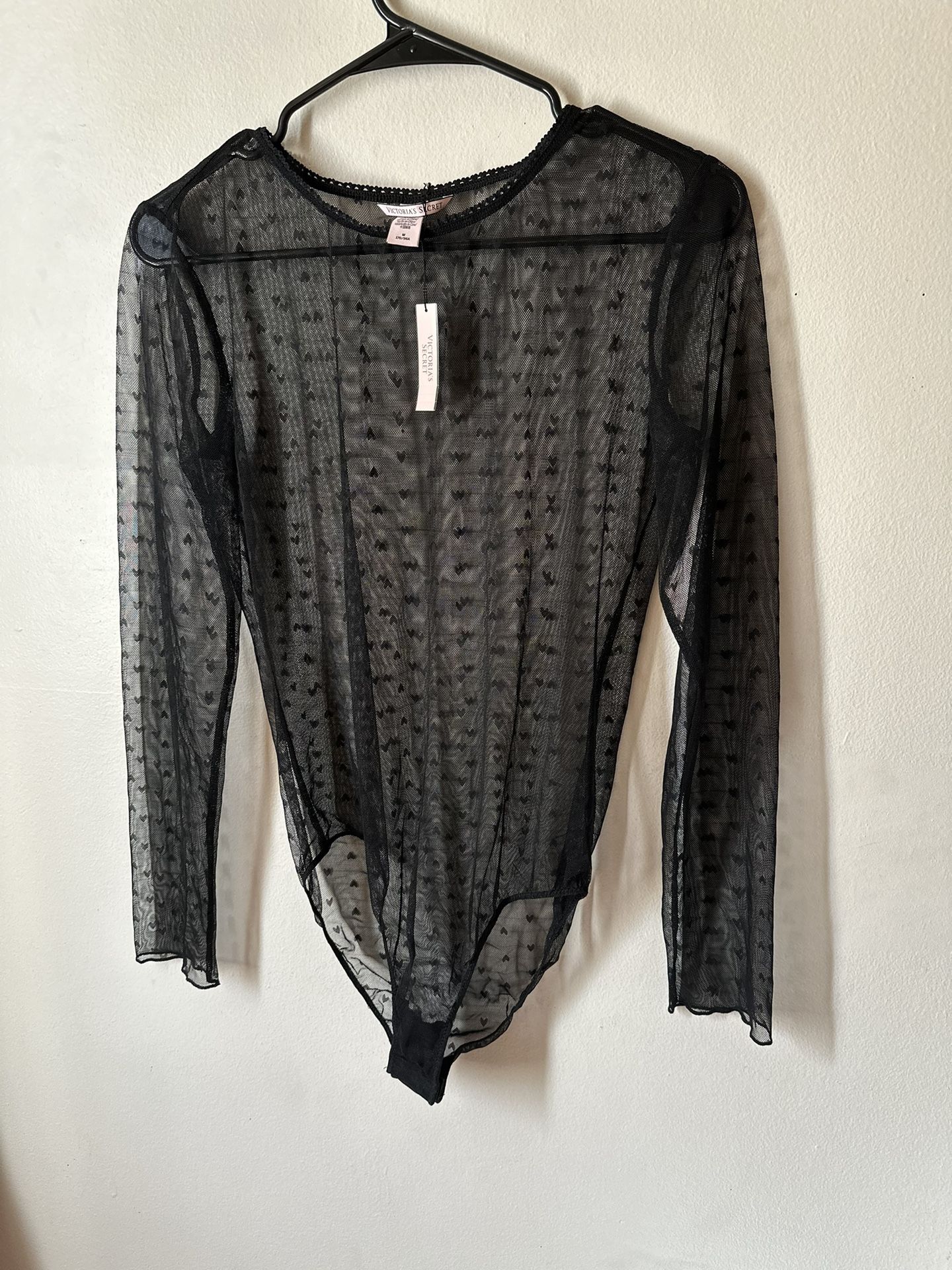 Victoria’s Secret NWT Size Medium Black Mesh Heart Valentine Bodysuit $39.50 NWT Goth Gothic Grunge Valentines day Lolita Pride Festival Rave Concer