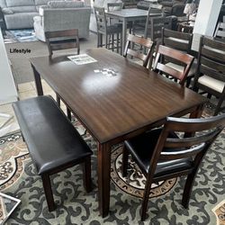 Coviar Brown Dining Table And Chairs With Bench Set 6📌 İn Stock 