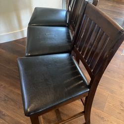 3 Barstools Solid Wood Leather Dark Brown 