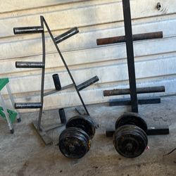Olympic Weight Plate Trees And 60lb Dumbbells 