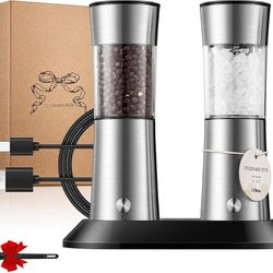 Electric Salt and Pepper Grinder Set, Gravity Operated, USB-C Rechargeable & Charging Base, Stainless Steel, Dual LED Guiding Lights, Comfortable Grip