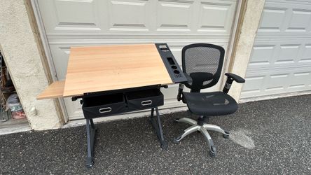 Drafting Table With Tempered Glass Top Adjustable Height Art Desk Two Storage Drawer Including office chairs  Original price ：$280up