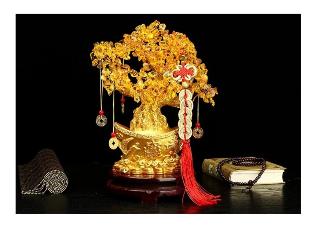 Feng Shui Money Tree Crystal Yellow Quartz Lucky Tree Golden Ingot Bottom with Rotating Sandalwood Base Chinese Copper Coin String Decoration for Weal