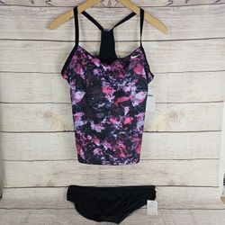 Nike Women's Earth Dye Racerback Tankini Set 2-Piece Purple Black Swimsuit MED