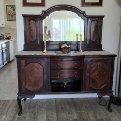 Antique British Queen Ann buffet sideboard beveled mirror cabinet 