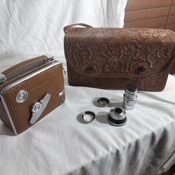 Vintage Movie Camera with Lenses & Leather Case