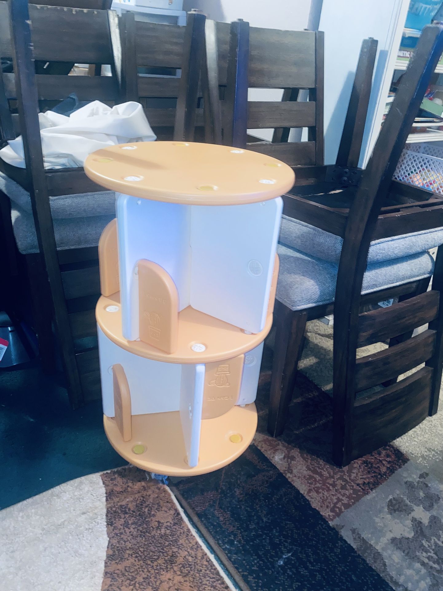 $30- (firm on price) Thick childrens style 2 tier Bookshelf-2ft 3” tall by 1ft 3” wide. Has wheels on bottom (we added those on after we purchased the