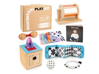 WOODMAM Montessori Toys for Babies 0-6 Months, 9 in 1 Learning Educational Baby Gifts for Newborn 0-3-6 Months, Includes High Contrast Cards, Baby Tis