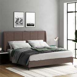 Bed Frame with USB, King, Taupe Linen
