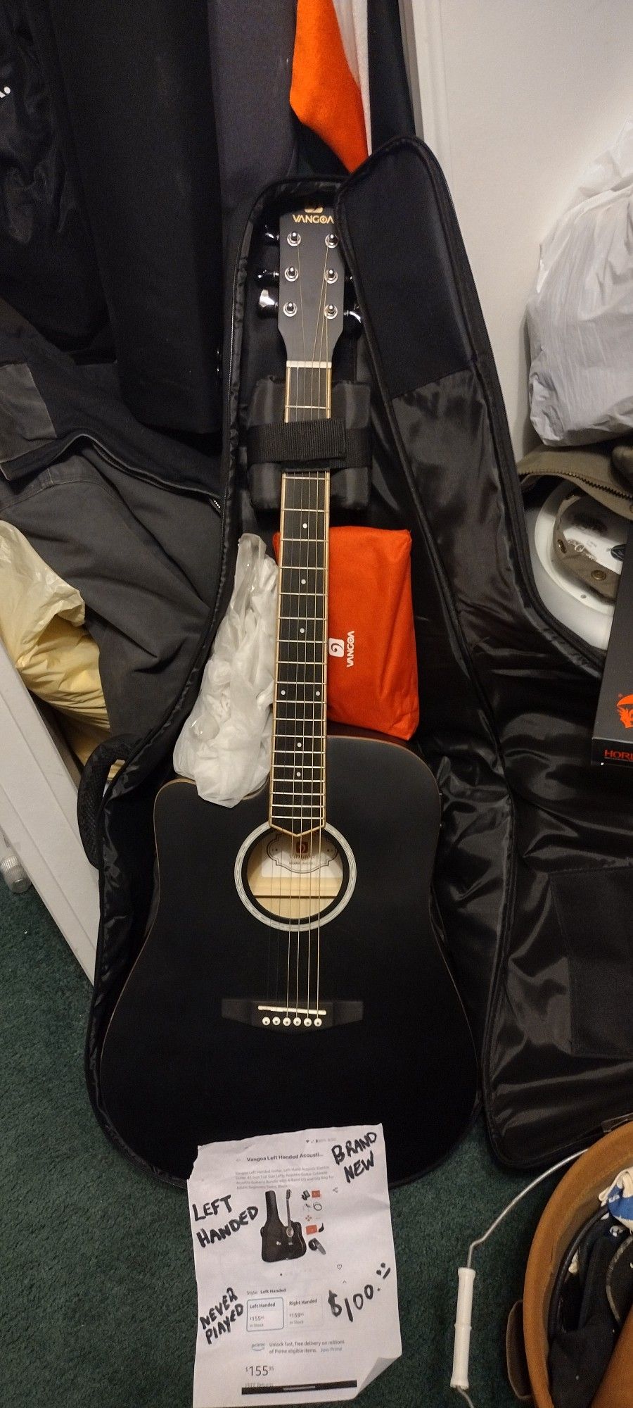 Left Handed. Acoustic Electric Full Body Black Guitar With Accessories Pouch