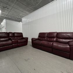 Oversized Burgundy Genuine Leather Reclinable Set (Couch & Loveseat +cup holders) FREE DELIVERY!