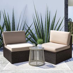 2 Pieces Outdoor Patio Furniture Set, All Weather PE Rattan Wicker Loveseat Patio Sectional Sofa with Cushions for Lawn Poolside Backyard Garden (Beig