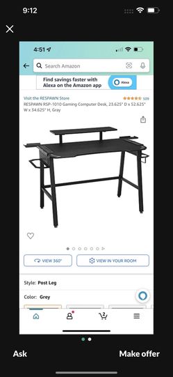Respawn RSP-1010 Gaming Computer Desk, 23.625 Dx52.625” Wx 34.625” H,Gray