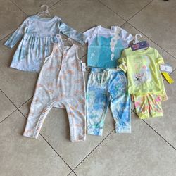 Old Navy Toddler Girl’s Dress, Rainbow Romper, Elsa Shirt, Tie Dye Jogger Pants. and Freestyle 4 Piece  Cats Pajamas, Size 18-24 Months, 24 Months