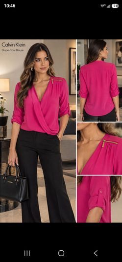 Calvin Klein Pink Wrap Blouse with Gold Zipper Details