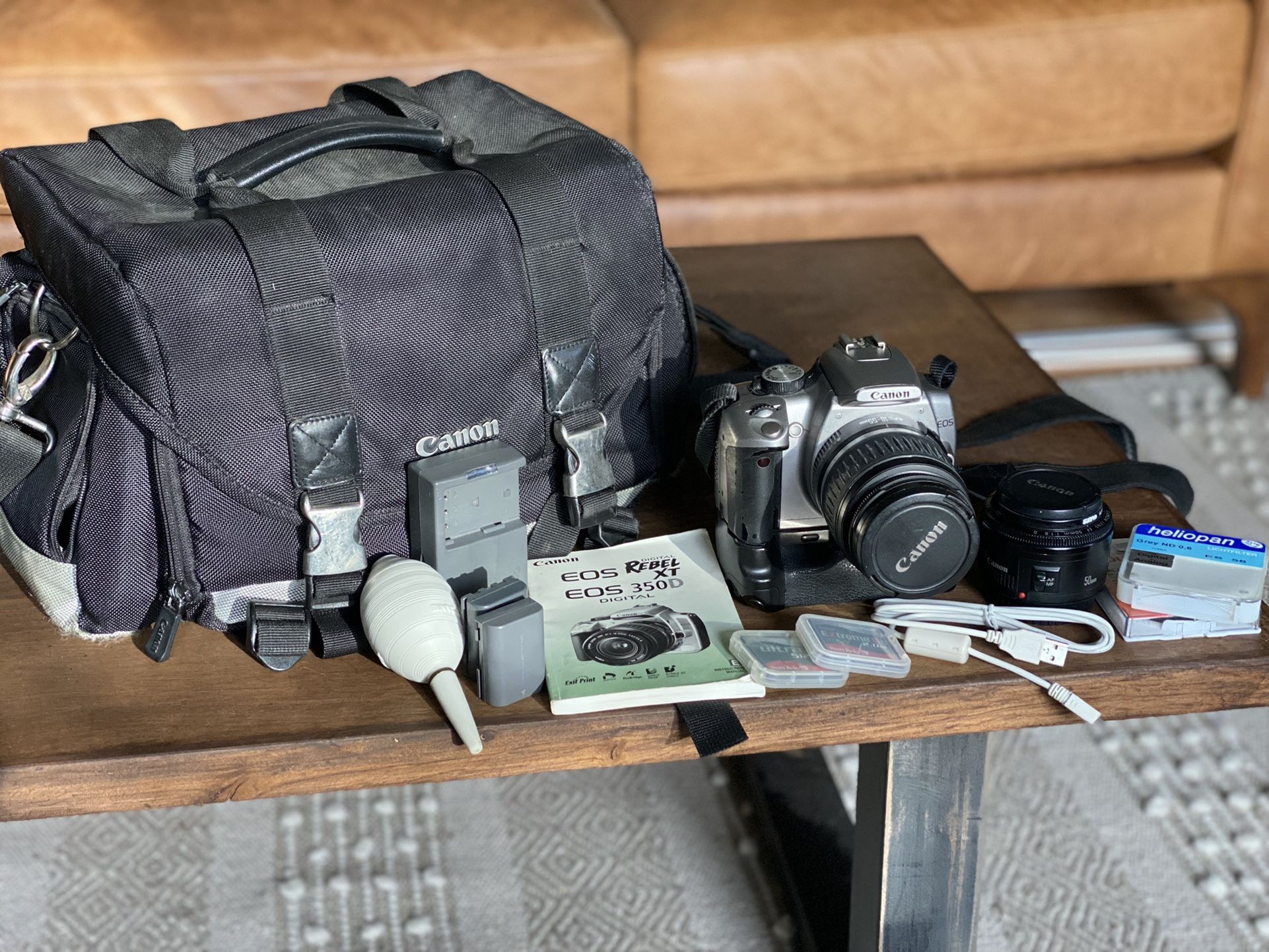 Canon EOS Rebel XT DSLR + 2 lenses, vertical grip, and camera bag