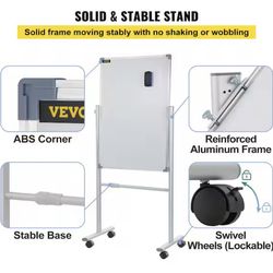 Mobile Magnetic Whiteboard 36 in. x 24 in. Double Sided 360 Degree Reversible Rolling Dry Erase Board, Height Adjustable Brand New in the box
