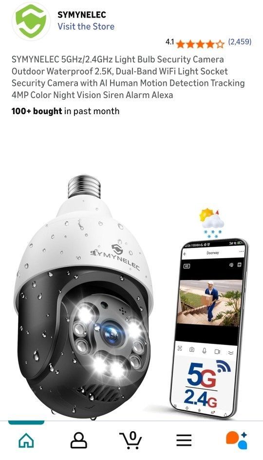 SYMYNELEC 5GHz/2.4GHz Light Bulb Security Camera Outdoor Waterproof 2.5K