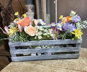Ht-8in Width-14in HANDMADE artificial Floral In A Distressed Tool Box