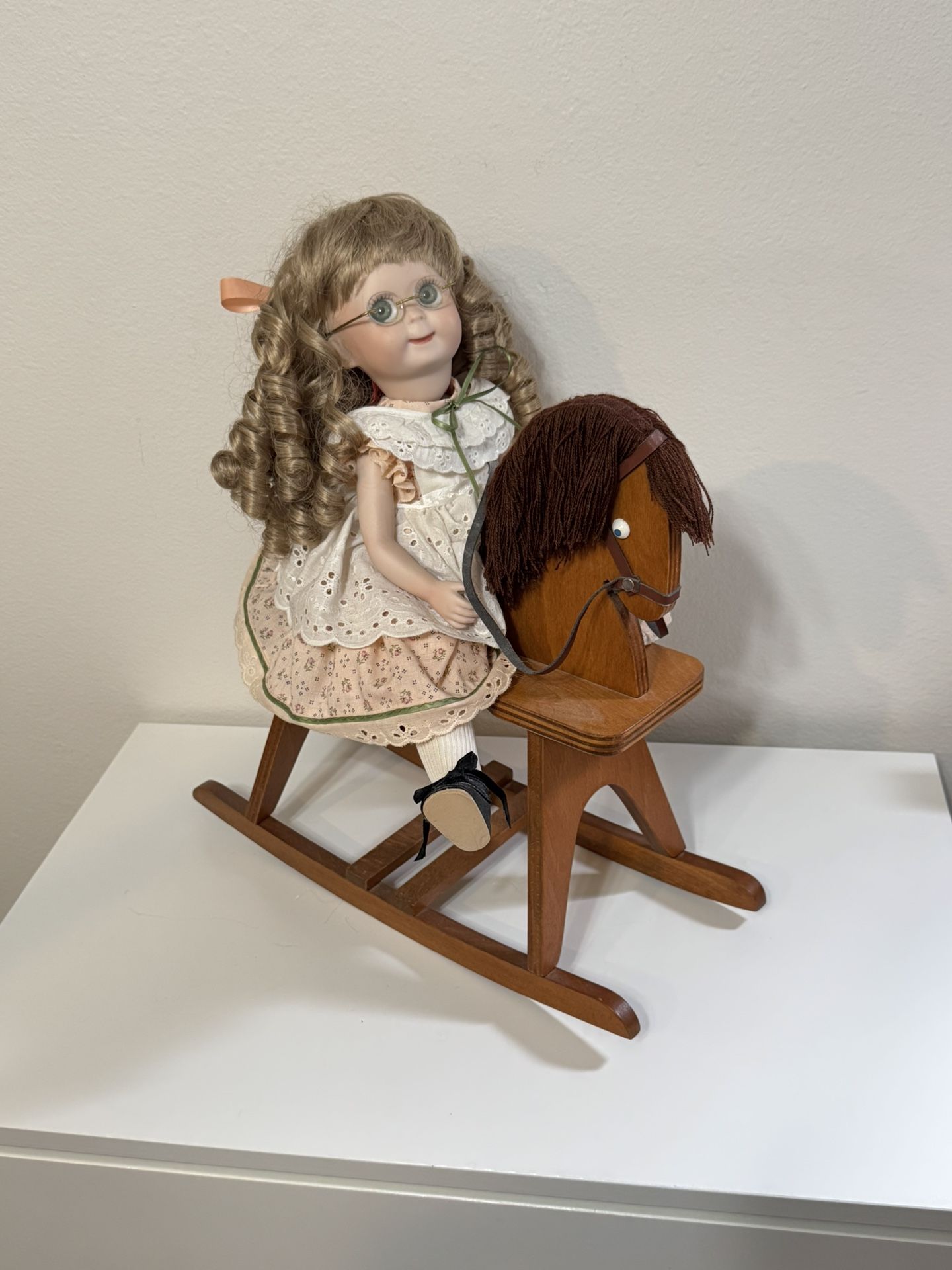 Adorable Porcelain 14” Doll with Wooden Rocking Horse