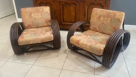 MidCentury Pretzel Rattan Arm Chairs -Pair