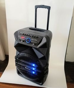 15" Bluetooth Wireless Portable Rechargeable Speaker with Wheels and Multiple inputs USB/SD/AUX, FM Radio, Mic/Guitar AC/DC Power,  Remote Control