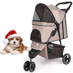 Dog Stroller, Pet Stroller for Small Dogs Cats, Up to 33 LBS with Storage Basket & Cup Holder, Coffee