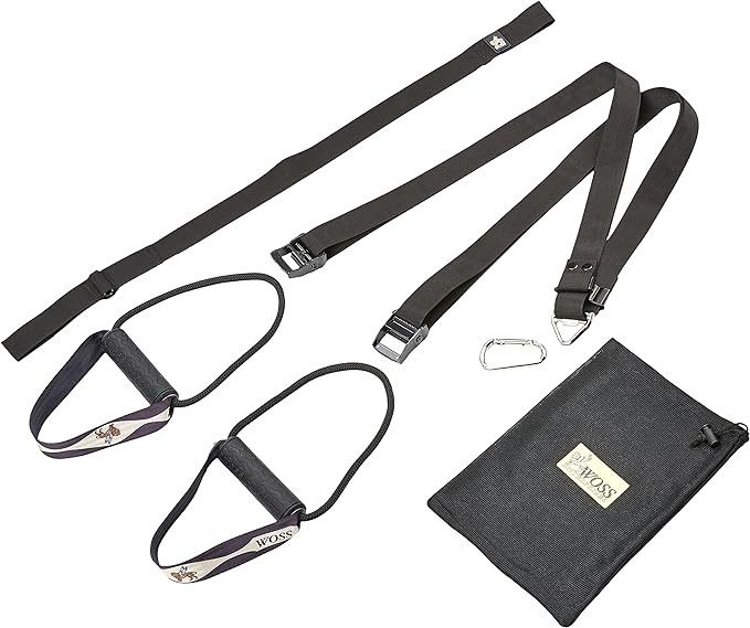 WOSS AttacK Trainer - Suspension Trainer, Bodyweight Training Straps for Full Body Workouts at Home, Includes Door Anchor and rubber handle/ Foot Str
