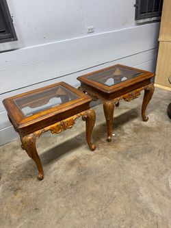 Vintage French Provincial Carved Wood End Tables – Pair – Glass Tops