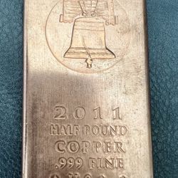 HALF POUND COPPER BAR .999 FINE LIBERTY BELL 2011