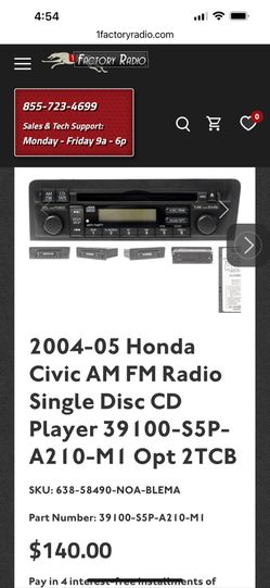 2004-05 Honda Civic AM FM Radio Single Disc CD Player