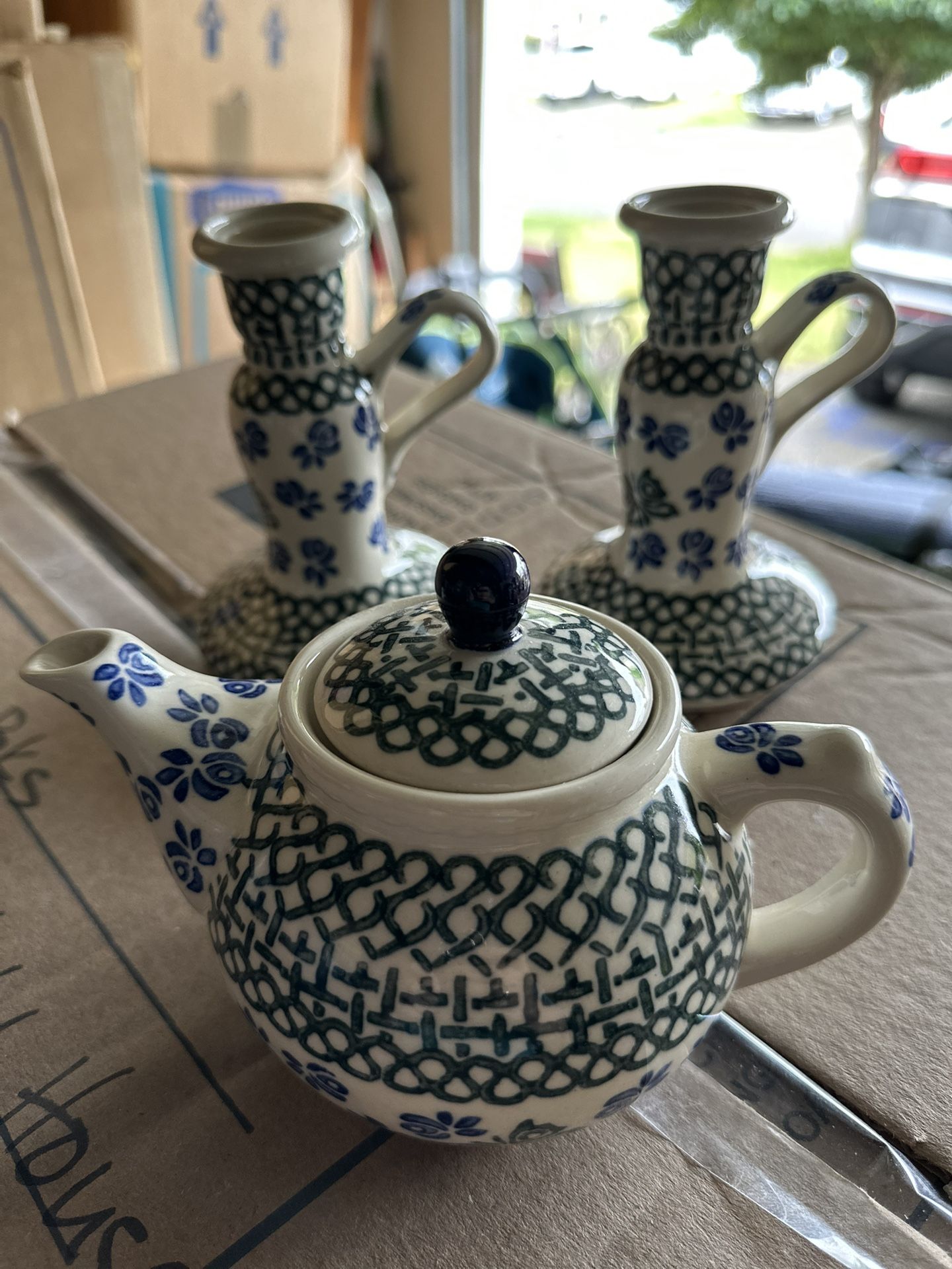 Polish Pottery Candleholders & Small Decor Teapot