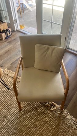 Cream Fabric Accent Chair with Wood Arms