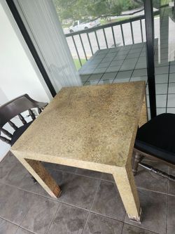 34 inch Square Faux Stone Laminated Table & 2- Chairs 2- Chair Cushions  & Hanging Light all for  -$5.55