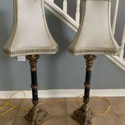 Antique Black Marble And Silk Shade Lamps 