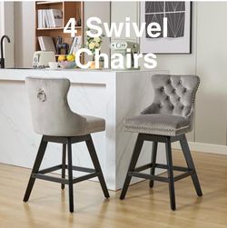 NEW Set of 4 Swivel Velvet Bar Stools with Button Tufted Back Wooden Legs Nailhead Trim (Grey)