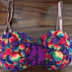 Handcrafted decorated rainbow pom Pom costume bra 