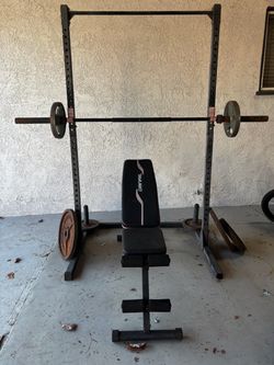 Complete Home Gym Squat Rack + Bench + Barbell & Weights — $500