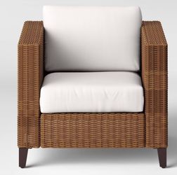 Brookfield Steel Wicker Club Chair with White Cushions & Light Brown Wicker (BRAND NEW $600 RETAIL)