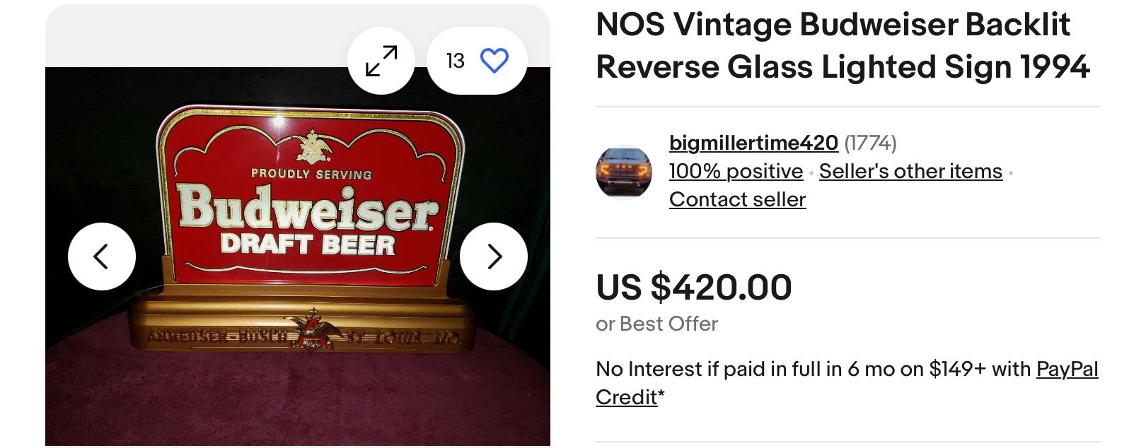 BUDWEISER BACKLIT REVERSE GLASS LIGHTED SIGN 1994