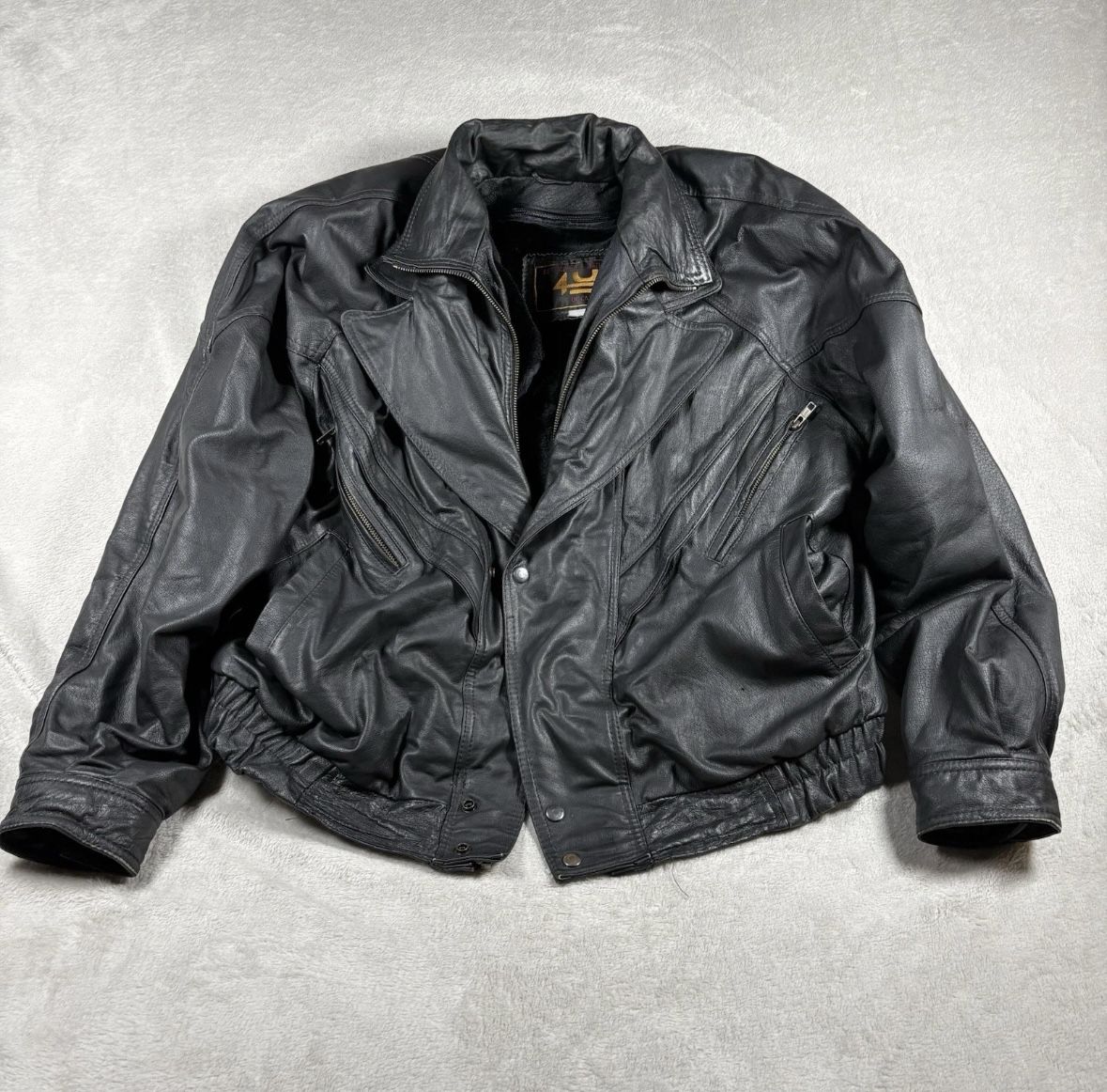 Vintage 4u Mens Size Large Black Leather Bomber Flight Jacket 80s 90s