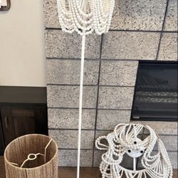 (3 Items) Wood Beaded Ceiling Chandelier Light & Wood Beaded Floor Lamp & Tall Woven Jute Drum Floor Lamp Shade 