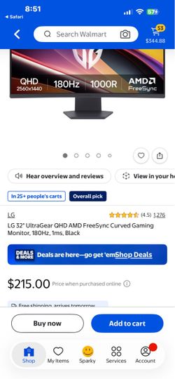 LG 32" UltraGear QHD AMD FreeSync Curved Gaming Monitor, 180Hz, 1ms, Black