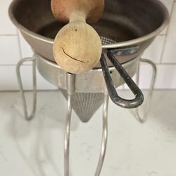Vintage Wear-Ever Aluminum Food Mill Tomato Strainer with Stand & Wooden Pestle