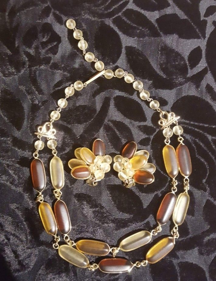c1960 Unique Frosted Amber Glass Beaded Choker Necklace & clip-on cluster earring set ~ West Germany