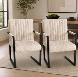 Brand New in Box Set of 2 Beige Faux Leather Cantilever Dining Armchairs – Modern Upholstered Chair
